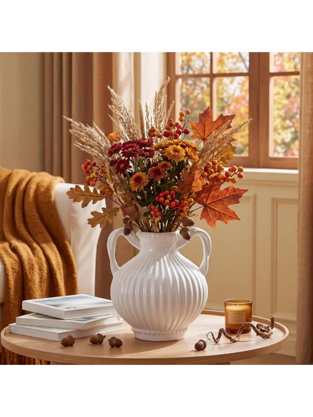 Ivory Ceramic Vase with 2 Handles - Vintage Rustic Fall Home Decor Accent